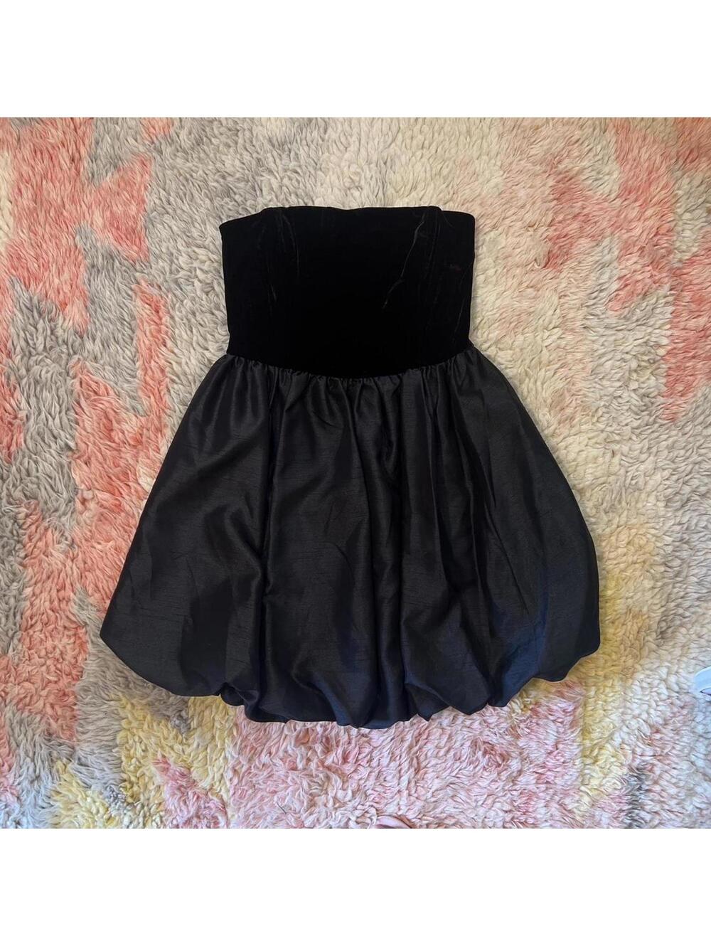 black strapless velvet bubble mini dress
